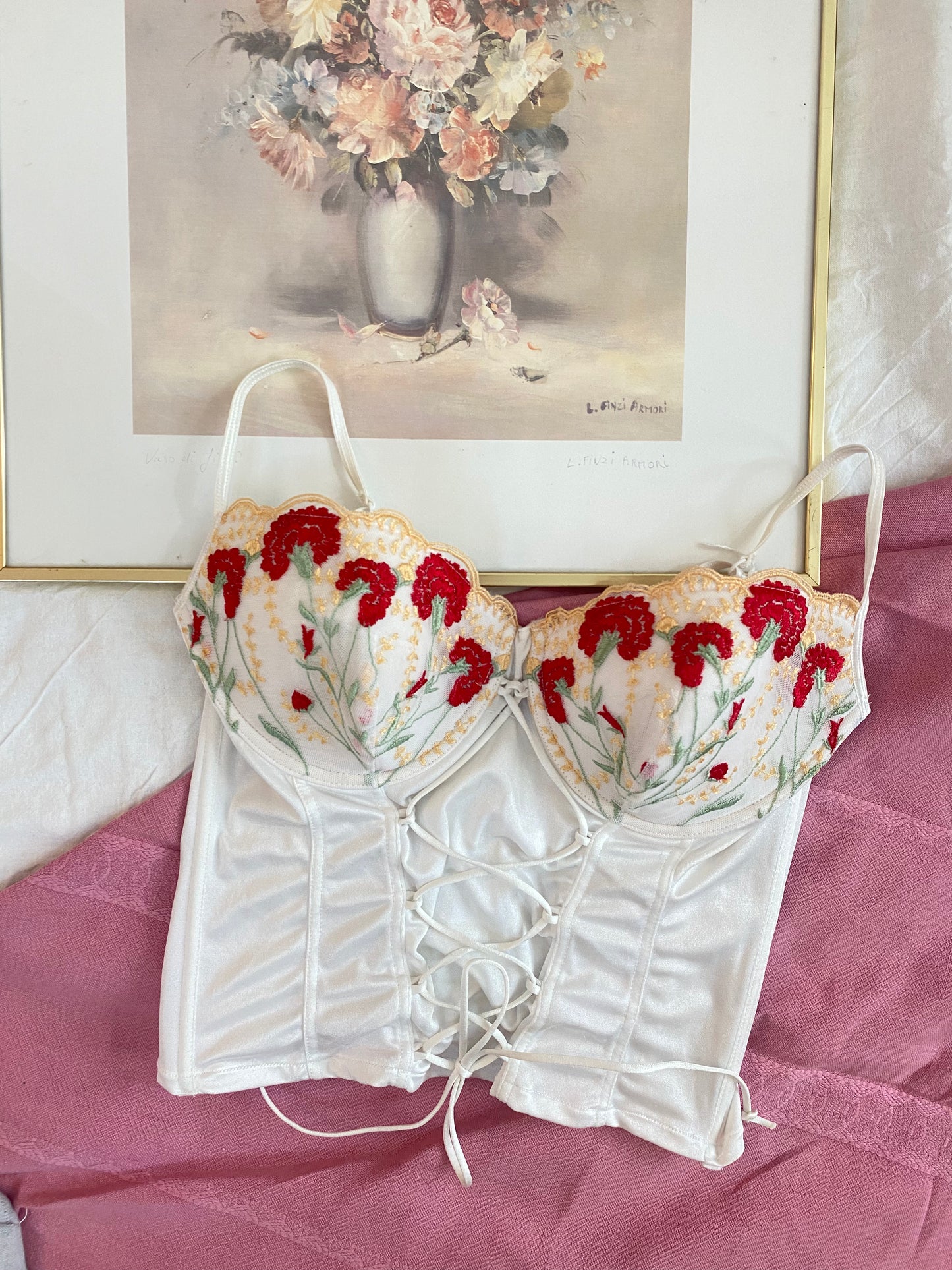 Vintage Korsett Weiß mit Blumen 85B