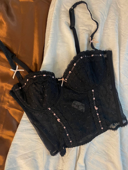 Vintage Korsett schwarz mit rosa Details und Spitze 75B