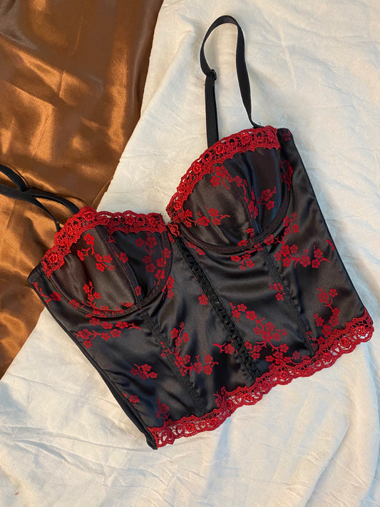 Vintage Korsett Schwarz mit roten Blumen 85B