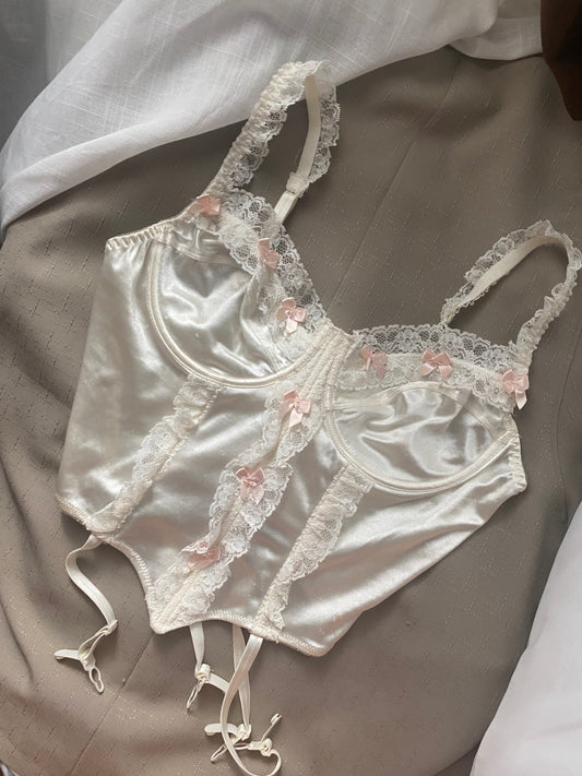 Vintage Korsett Satin Weiß mit Rosa Schleifen 80B
