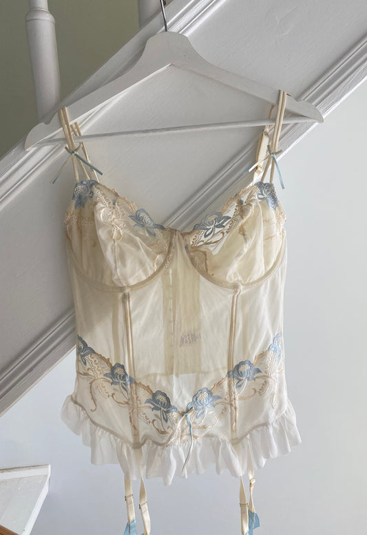 Vintage Korsett Creme mit hellblauer Blumen Stickerei 80D