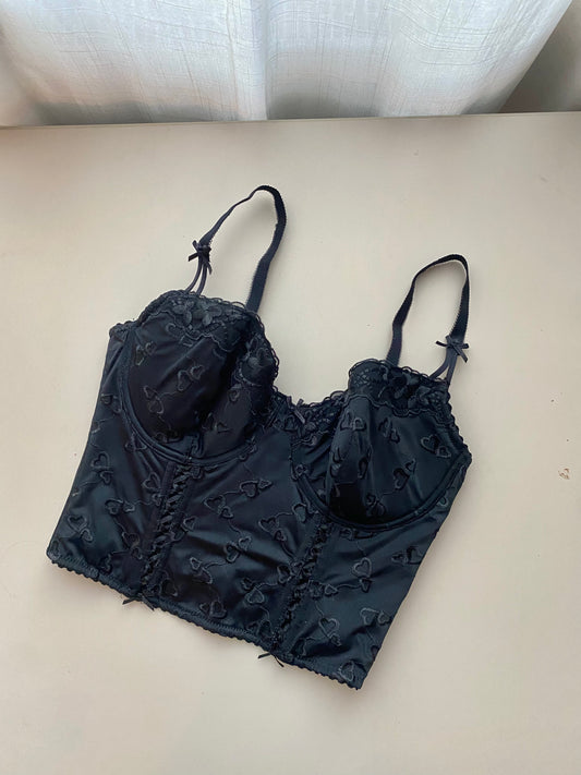 Vintage Korsett Schwarz mit Herz Stickerei 80B