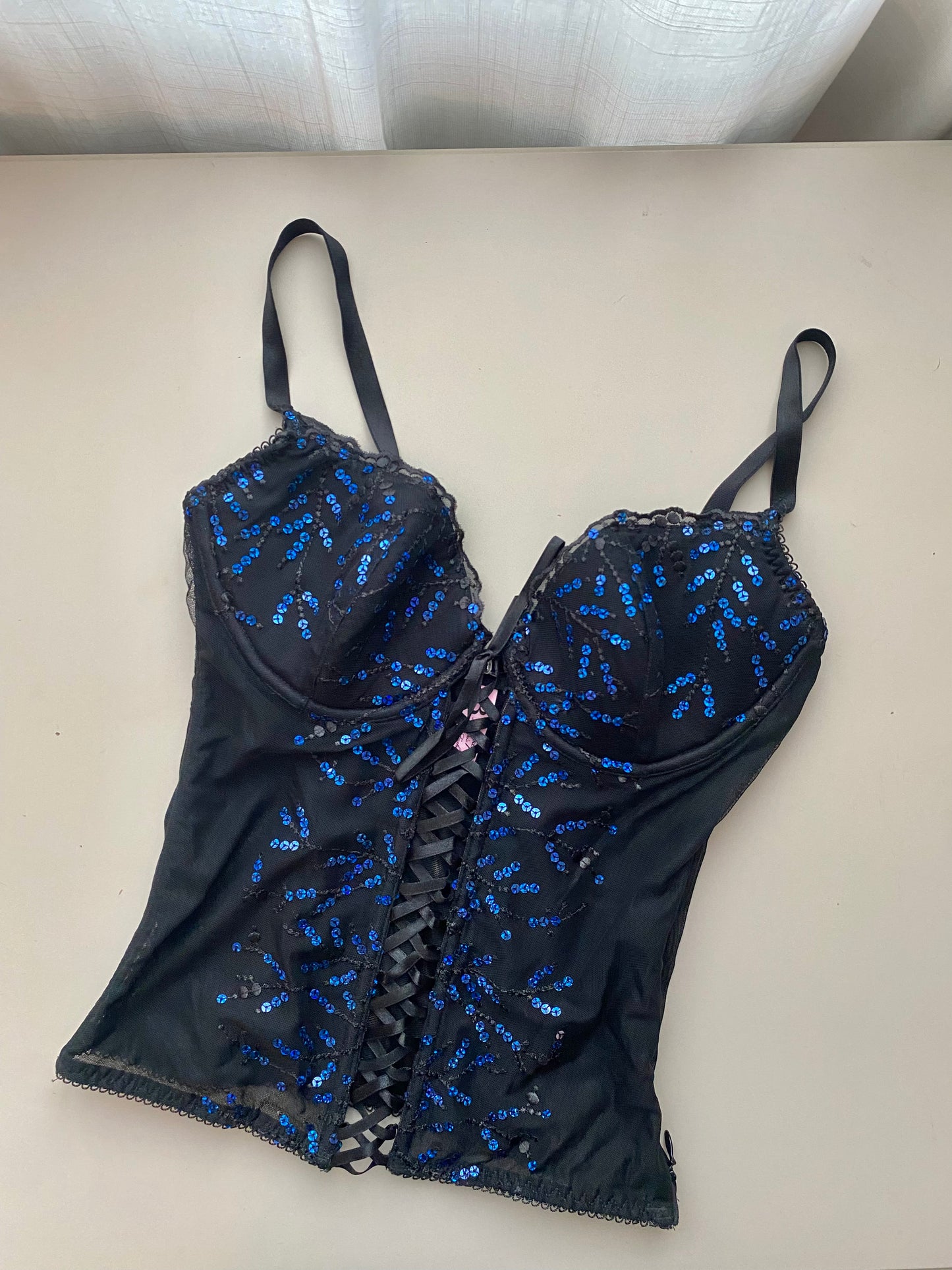 Vintage Korsett schwarz mit blauen Pailetten