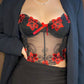 Vintage Korsett schwarz mit roter Blumen Stickerei 75B