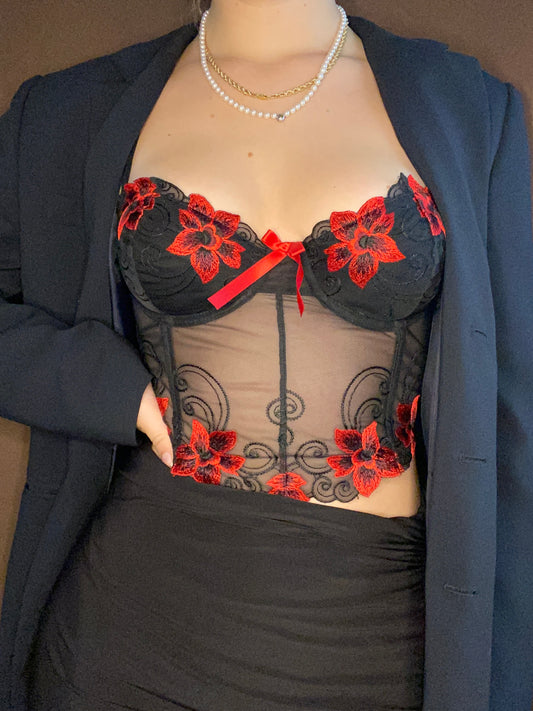 Vintage Korsett schwarz mit roter Blumen Stickerei 75B