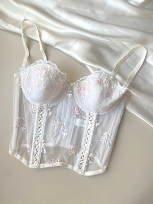 Vintage Korsett weiß mit rosa Blümchen 80C