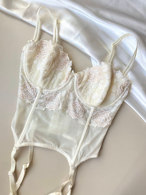 Vintage Korsett Creme Weiß mit Blumen Stickerei 75-80B