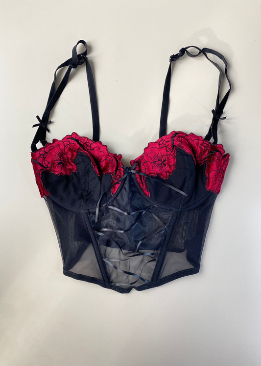 Schwarzes Korsett mit roten Blumen 80B